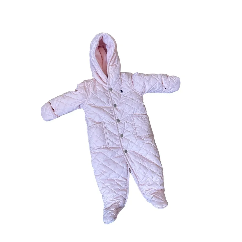 Ralph Lauren Snowsuit Baby Girls‎ 6M Pink Quilted Hooded Footed Bunting Fleece